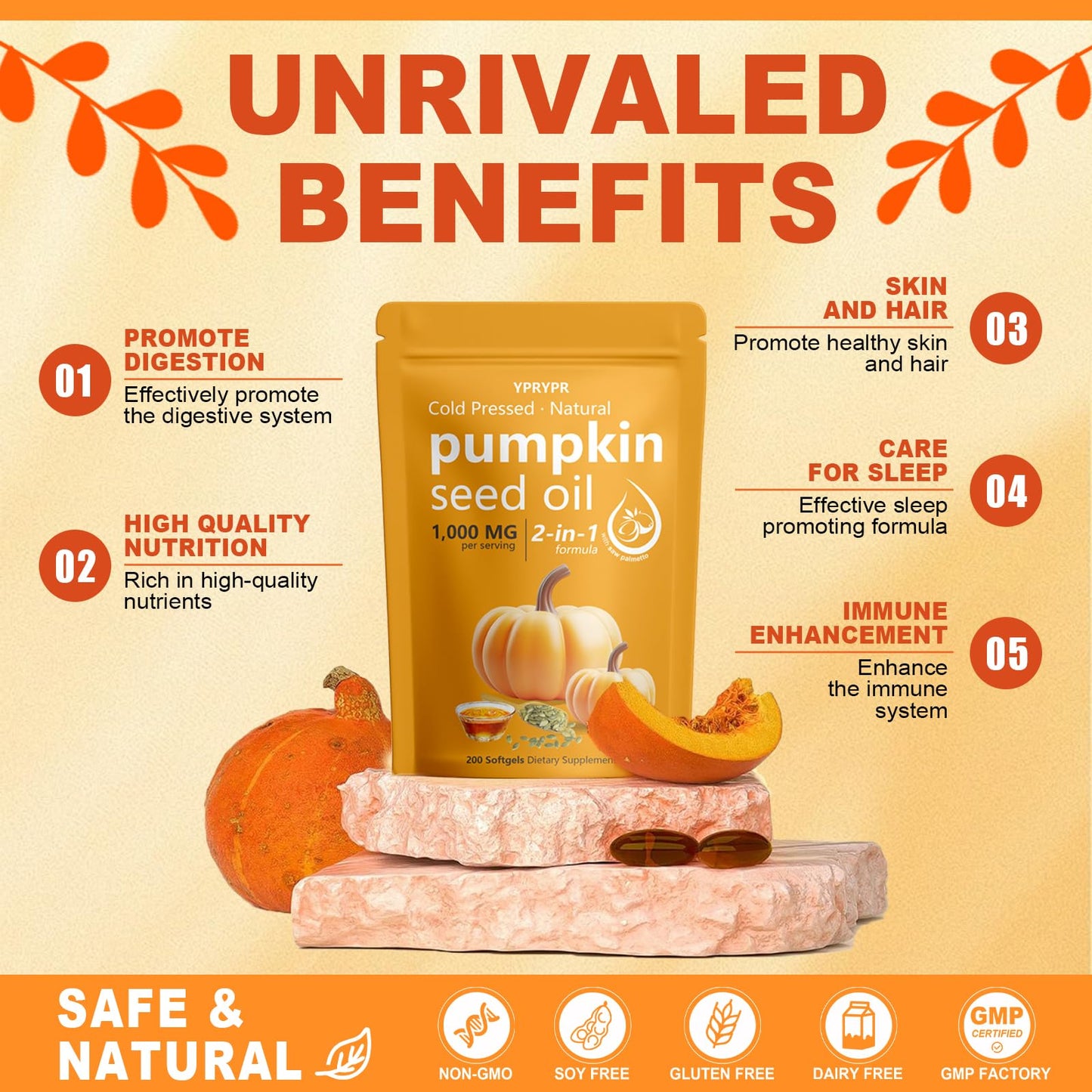 Aurove Pumpkin Seed Oil with Saw Palmetto Capsules — Cold Pressed, 200 Softgels