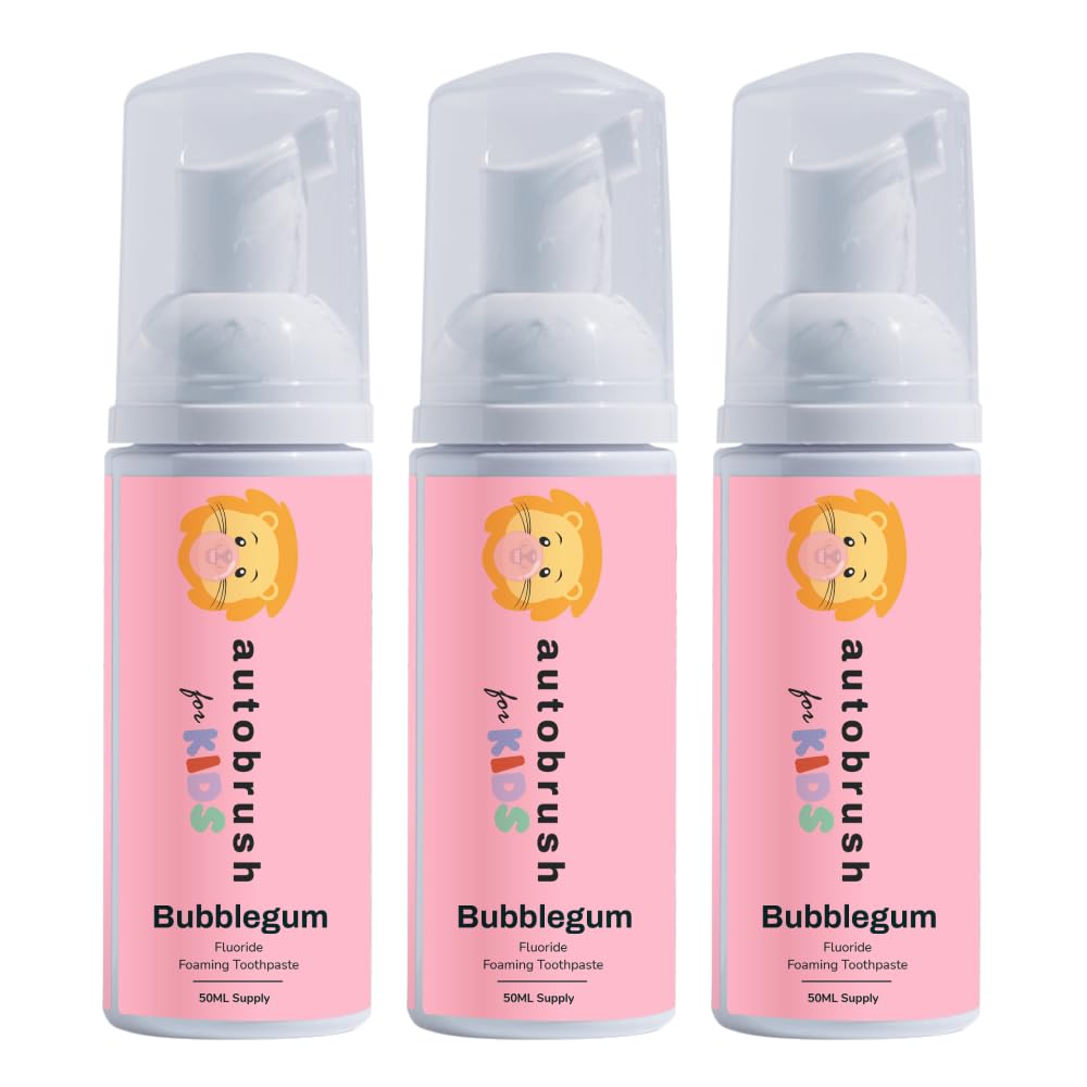 autobrush Fluoride Foaming Toothpaste for Kids – Bubblegum Flavor, Whitening & Deep Cleaning, Travel-Friendly Pack of 3