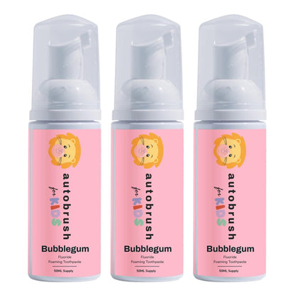 autobrush Fluoride Foaming Toothpaste for Kids – Bubblegum Flavor, Whitening & Deep Cleaning, Travel-Friendly Pack of 3