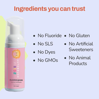 autobrush Fluoride-Free Foaming Toothpaste for Kids – Bubblegum, Whitening & Deep Cleaning
