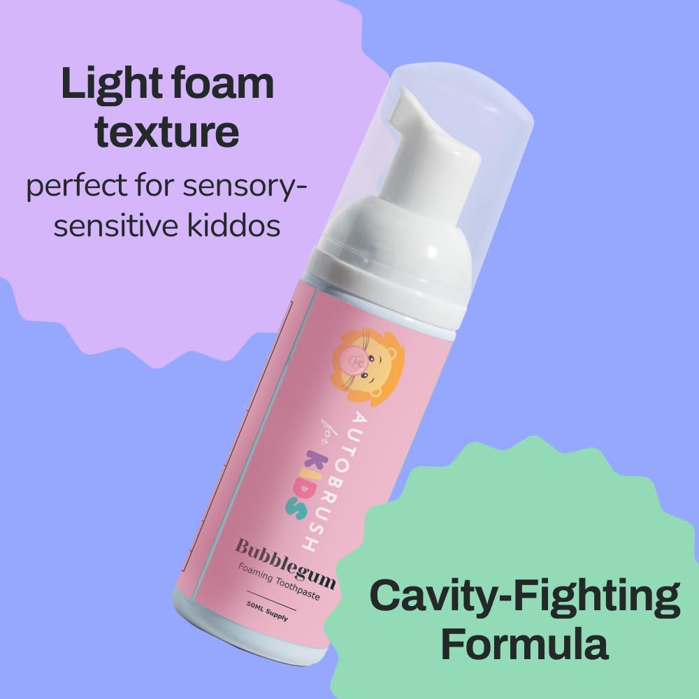 autobrush Fluoride Foaming Toothpaste for Kids – Bubblegum Flavor, Whitening & Deep Cleaning, Travel-Friendly Pack of 3