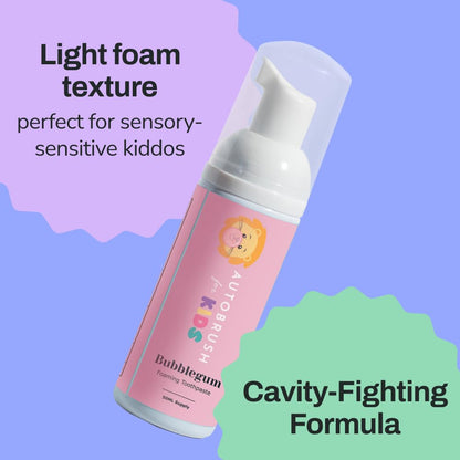 autobrush Fluoride Foaming Toothpaste for Kids – Bubblegum Flavor, Whitening & Deep Cleaning, Travel-Friendly Pack of 3