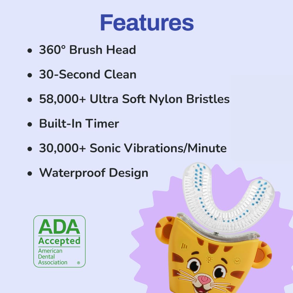 autobrush Kids Electric Toothbrush - ADA Accepted U-shaped, Clinically Proven 5.1x Cleaning (Ages 9-12) - Daniel Tiger