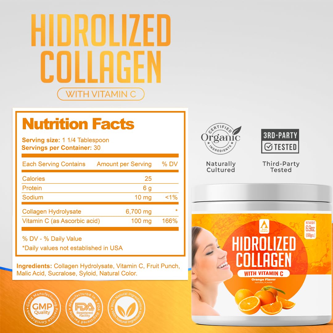 AV Orange Hydrolyzed Grass-Fed Collagen with Vitamin C – Powder Supplement (198g) | Non-GMO Verified