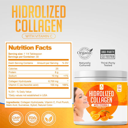 AV Orange Hydrolyzed Grass-Fed Collagen with Vitamin C – Powder Supplement (198g) | Non-GMO Verified