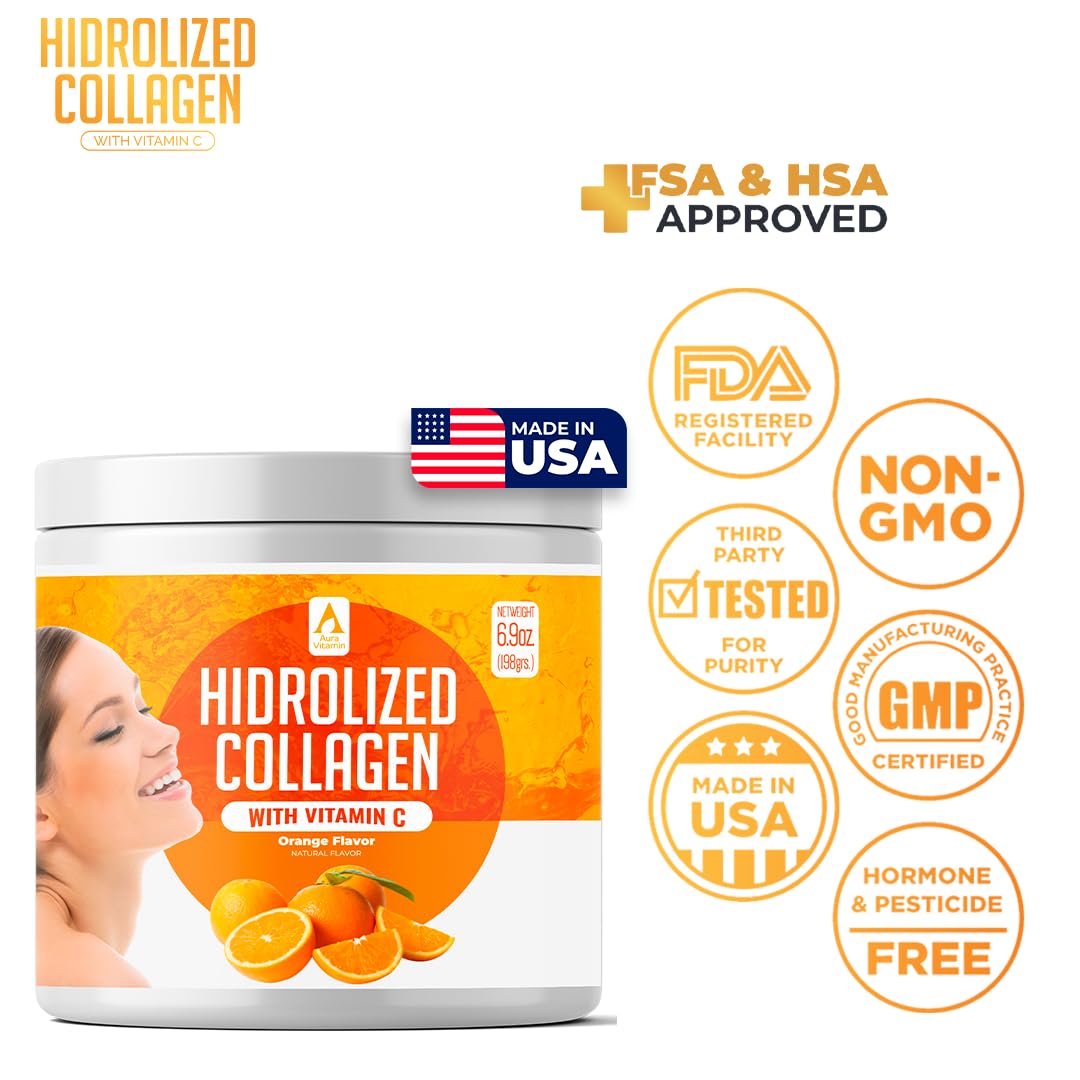 AV Orange Hydrolyzed Grass-Fed Collagen with Vitamin C – Powder Supplement (198g) | Non-GMO Verified