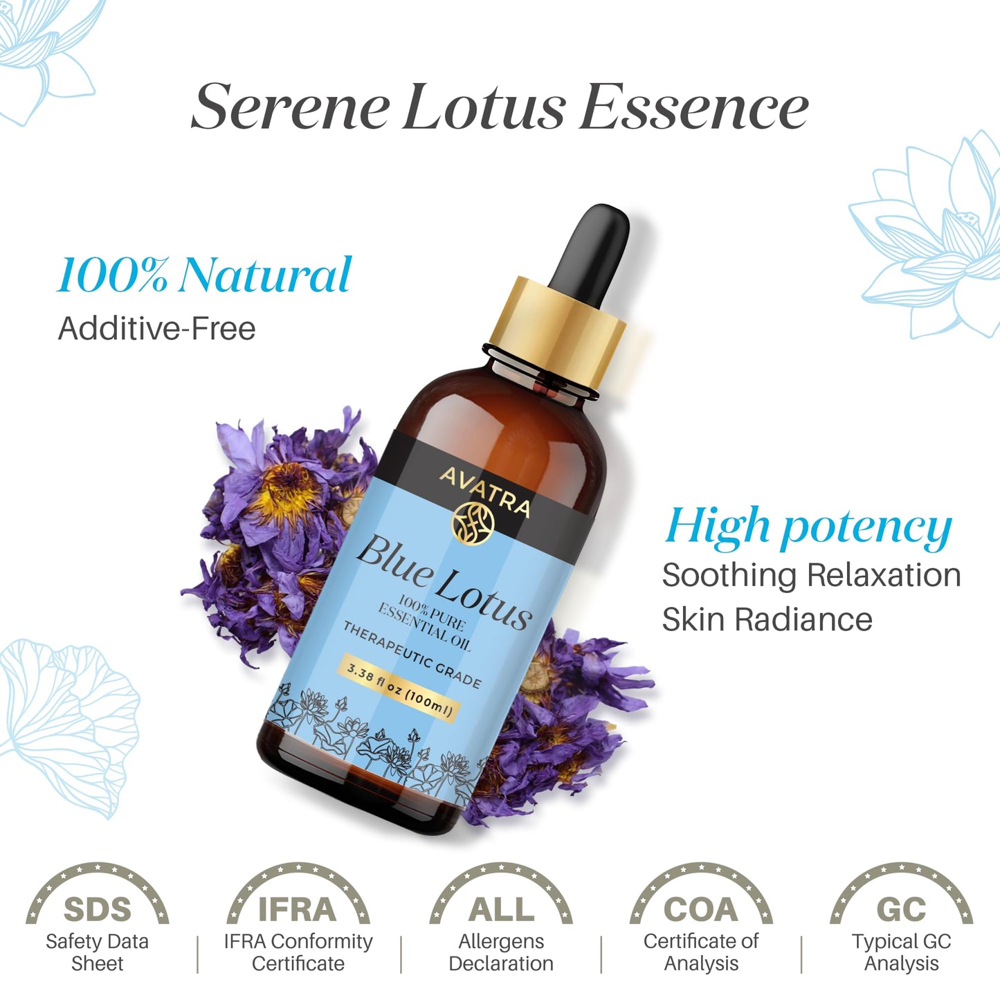 Avatra Blue Lotus Essential Oil – Undiluted, Therapeutic Grade for Diffuser, Skin & Candles (3.38 Fl Oz)