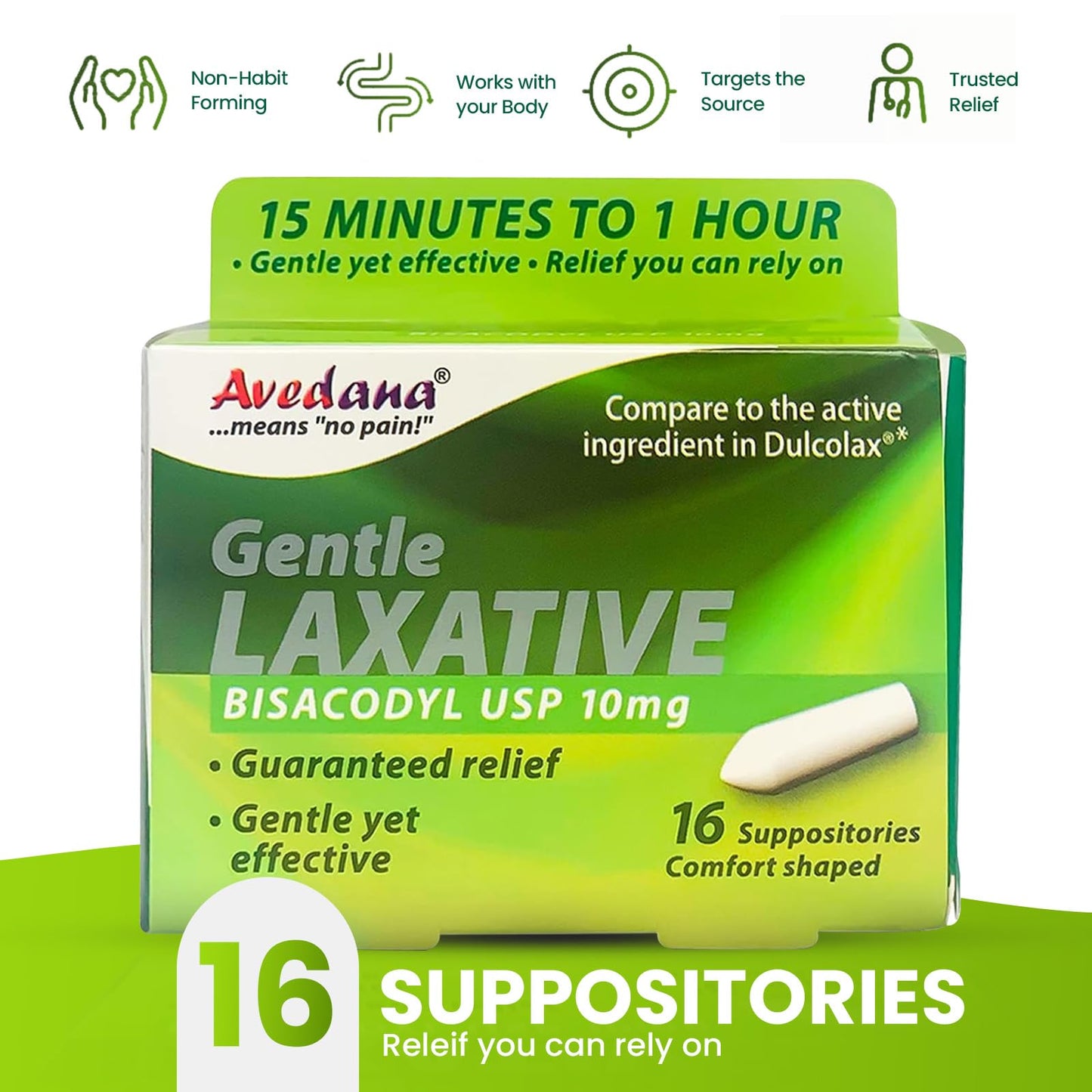 AVEDANA Bisacodyl Suppositories 10 mg USP | Fast, Gentle Constipation Relief (16 Count)