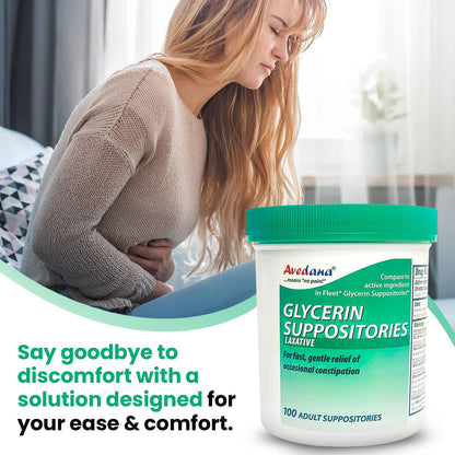 AVEDANA USP 2g Glycerin Laxatives Suppositories – 100 Adult Size – Fast, Gentle Relief