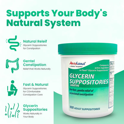 AVEDANA USP 2g Glycerin Laxatives Suppositories – 100 Adult Size – Fast, Gentle Relief