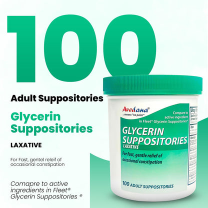 AVEDANA USP 2g Glycerin Laxatives Suppositories – 100 Adult Size – Fast, Gentle Relief