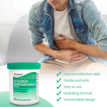 AVEDANA USP 2g Glycerin Laxatives Suppositories – 100 Adult Size – Fast, Gentle Relief