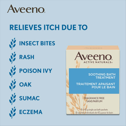 Aveeno Fragrance-Free Soothing Bath Treatment & Soak — 8 Single-Use Oatmeal Bath Packets for Itchy, Irritated Skin