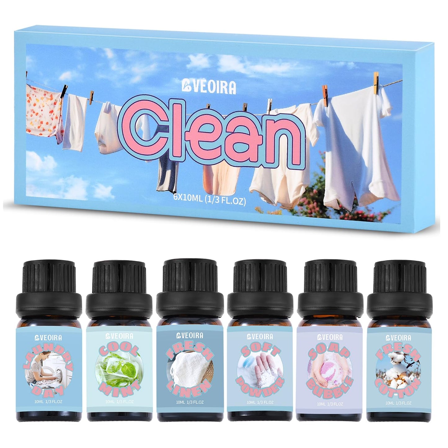 AVEOIRA Clean Fragrance Oils Set – 6x10ml for Diffuser, Candle & Soap