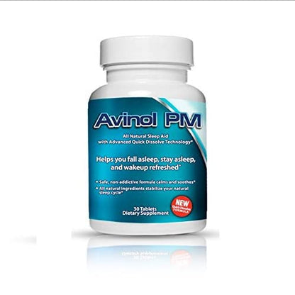 Avinol PM Quick Dissolve Chewable Tablet – Natural Sleep Supplement (Herbal Formula) – 30ct
