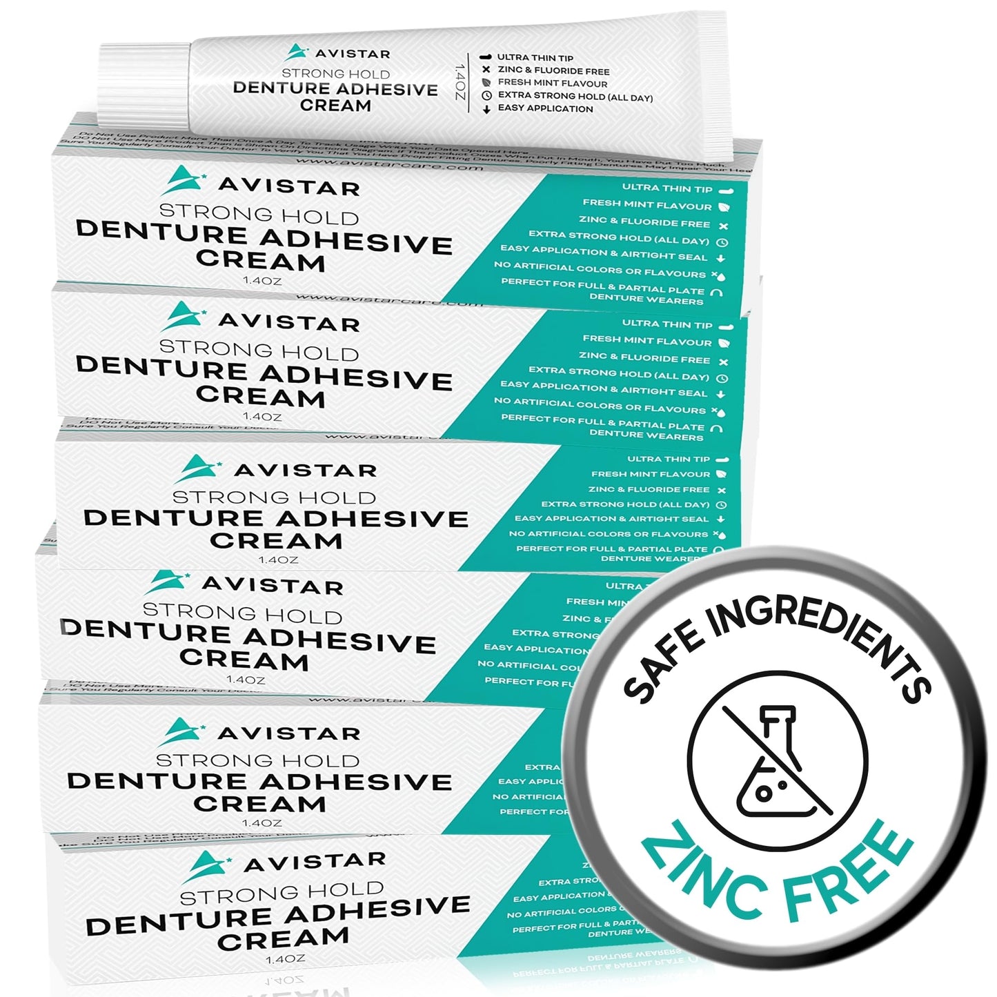 Extra Strong Denture Adhesive Cream - 12 Hour Hold, Mint, 6 Pack | Avistar