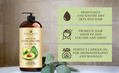 Handcraft Blends Avocado Oil - Cold-Pressed 16 Fl Oz - 100% Pure and Natural - Premium Grade Carrier Oil for Skin and Hair - Hair and Body - Massage - Hexane-Free