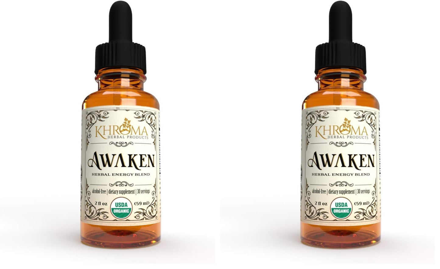 Awaken Organic Energy Supplement – 2 oz Liquid (Pack of 2) – Yerba Mate, Eleuthero Root, Red Ginseng, Peppermint, Ginkgo, Ashwagandha, Guayusa | Khroma Herbs