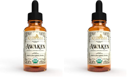 Awaken Organic Energy Supplement – 2 oz Liquid (Pack of 2) – Yerba Mate, Eleuthero Root, Red Ginseng, Peppermint, Ginkgo, Ashwagandha, Guayusa | Khroma Herbs