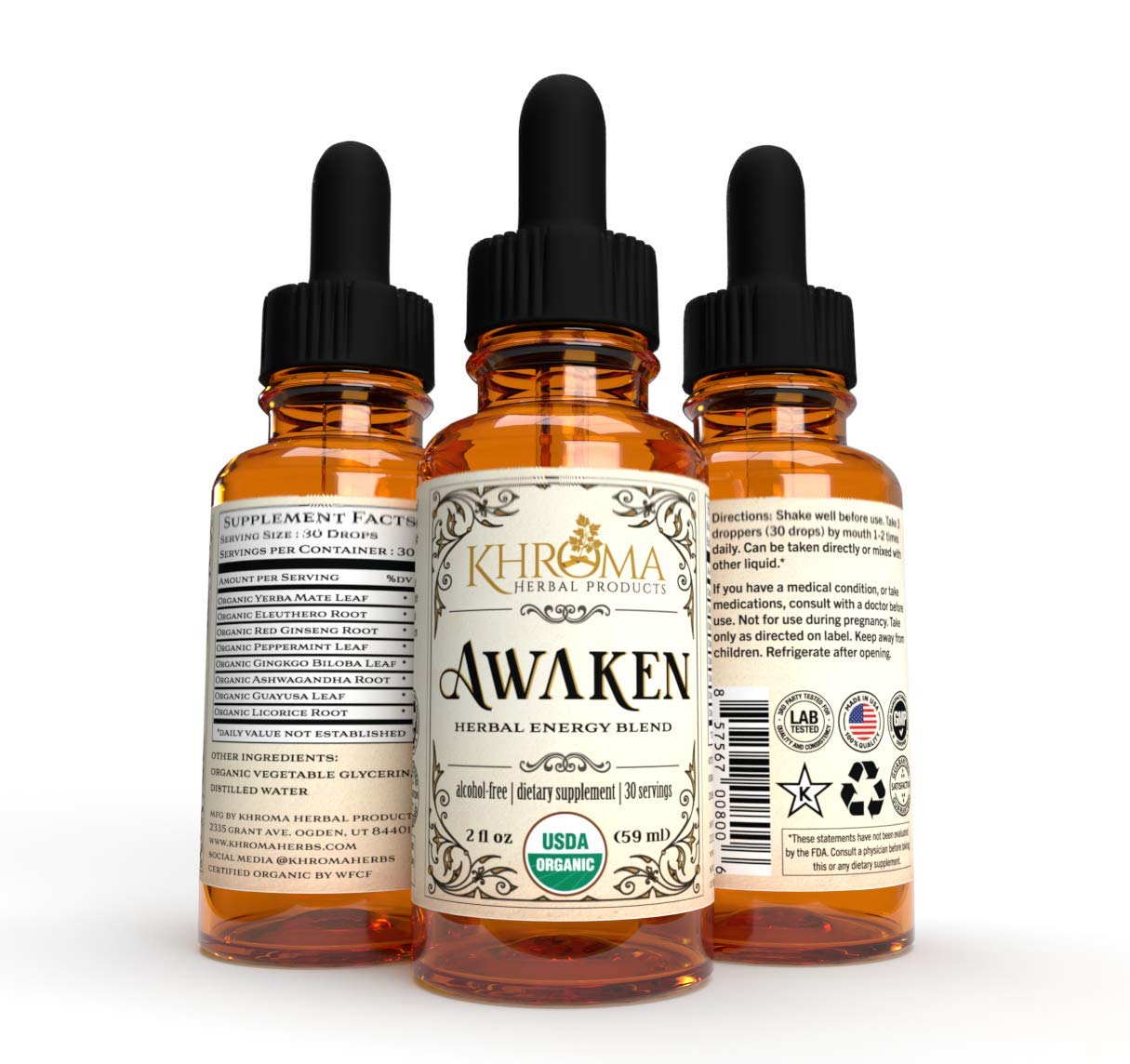 Awaken Organic Energy Supplement – 2 oz Liquid (Pack of 2) – Yerba Mate, Eleuthero Root, Red Ginseng, Peppermint, Ginkgo, Ashwagandha, Guayusa | Khroma Herbs