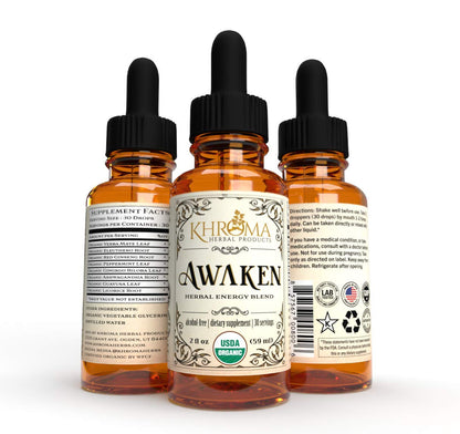 Awaken Organic Energy Supplement – 2 oz Liquid (Pack of 2) – Yerba Mate, Eleuthero Root, Red Ginseng, Peppermint, Ginkgo, Ashwagandha, Guayusa | Khroma Herbs