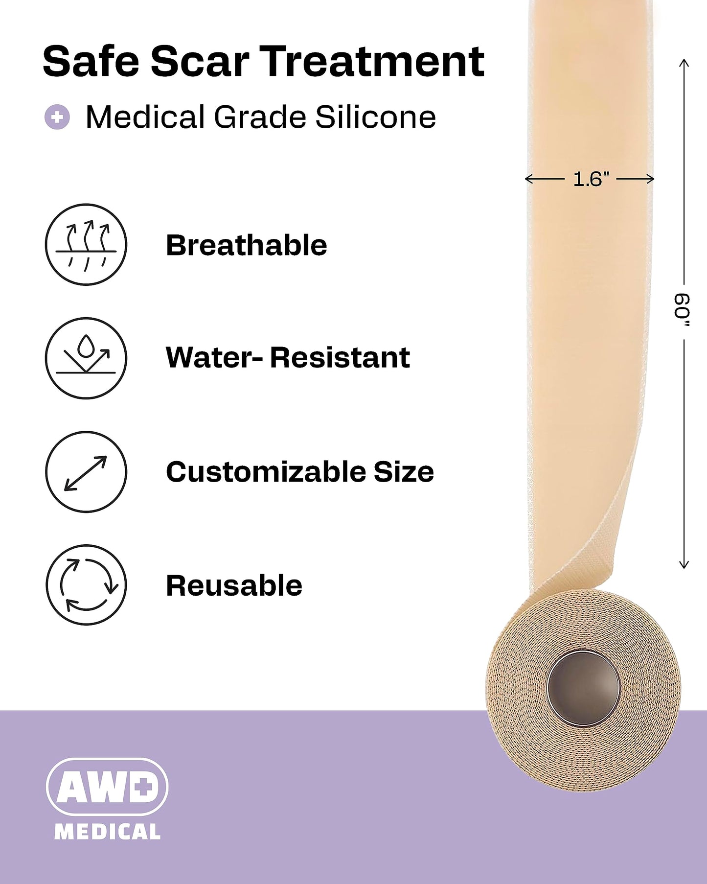AWD Silicone Scar Tape Roll 60in – Medical-Grade Scar Tape for Surgical Scars, C-Section, Tummy Tuck, Reusable Scar Sheets