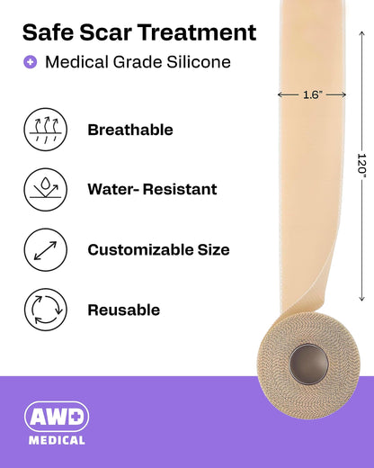 AWD Medical Silicone Scar Tape 120in Roll – Medical Grade Scar Sheets for Surgical, C-Section & Postpartum Recovery