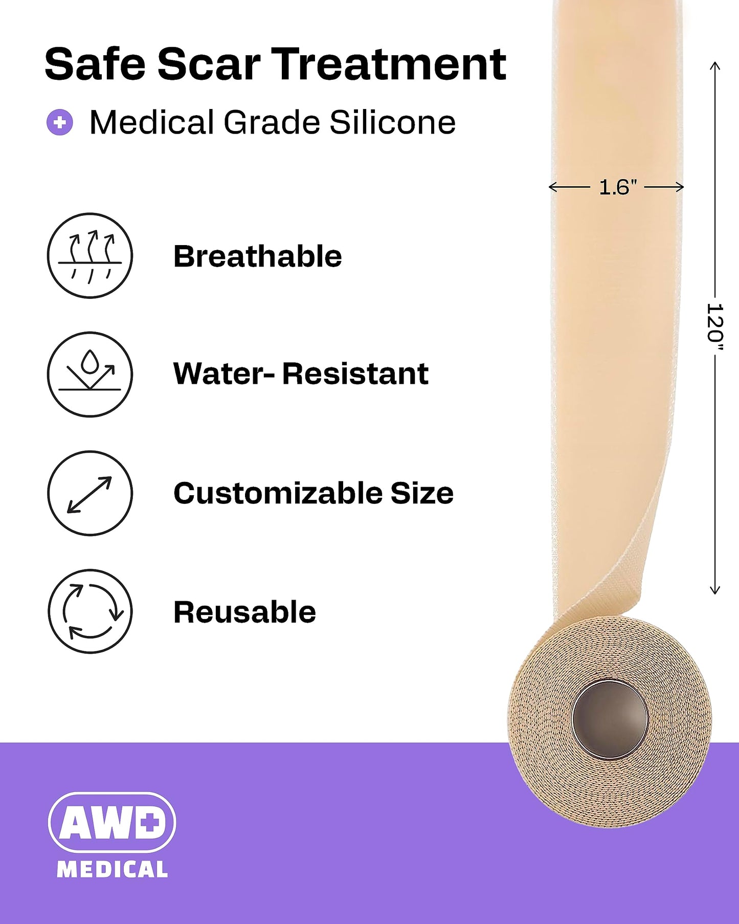 AWD Medical Silicone Scar Tape 120in Roll – Medical Grade Scar Sheets for Surgical, C-Section & Postpartum Recovery