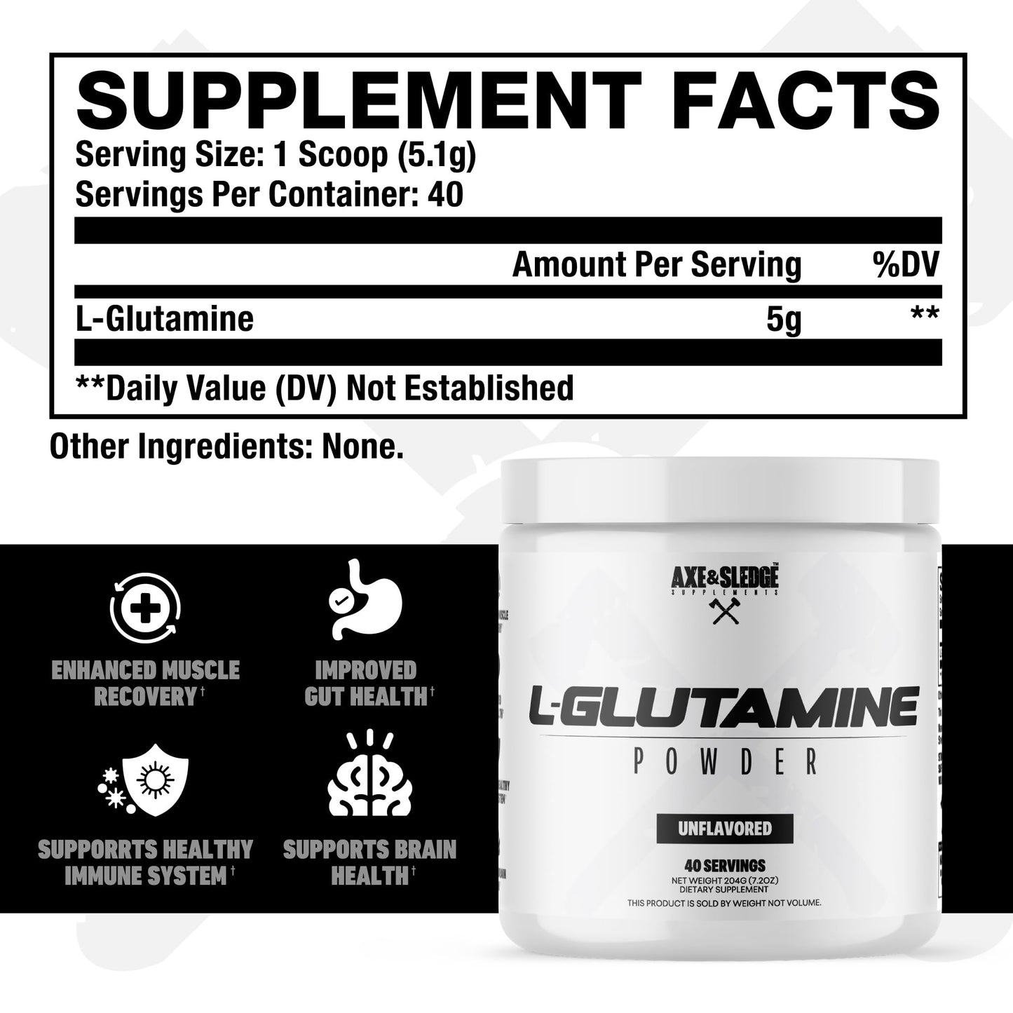 Axe & Sledge Basics Glutamine – 5g Pure L-Glutamine per Serving, Unflavored, 40 Servings