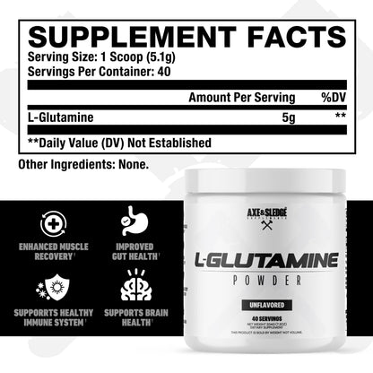 Axe & Sledge Basics Glutamine – 5g Pure L-Glutamine per Serving, Unflavored, 40 Servings