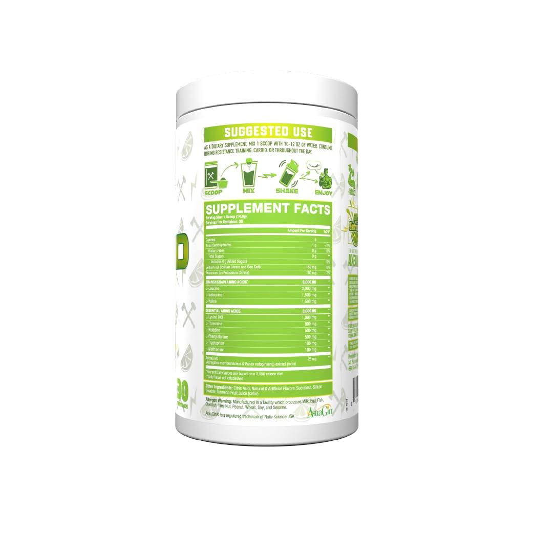 Axe & Sledge The Grind Essential Amino Acids | EAA & BCAA Powder – Stimulant-Free, Vegan, Sour Electric Lime, 30 Servings