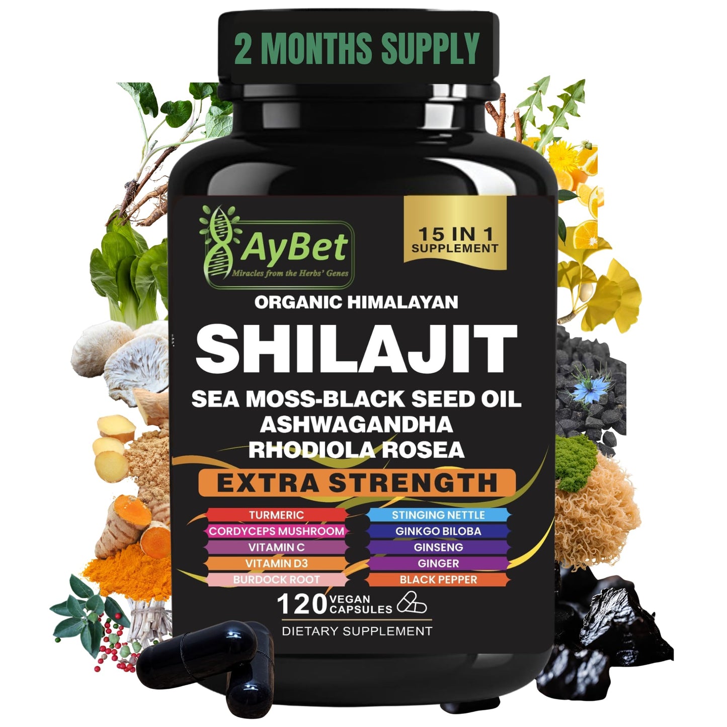AyBet Shilajit – Organic Himalayan Shilajit Capsules with Sea Moss (120 Caps)