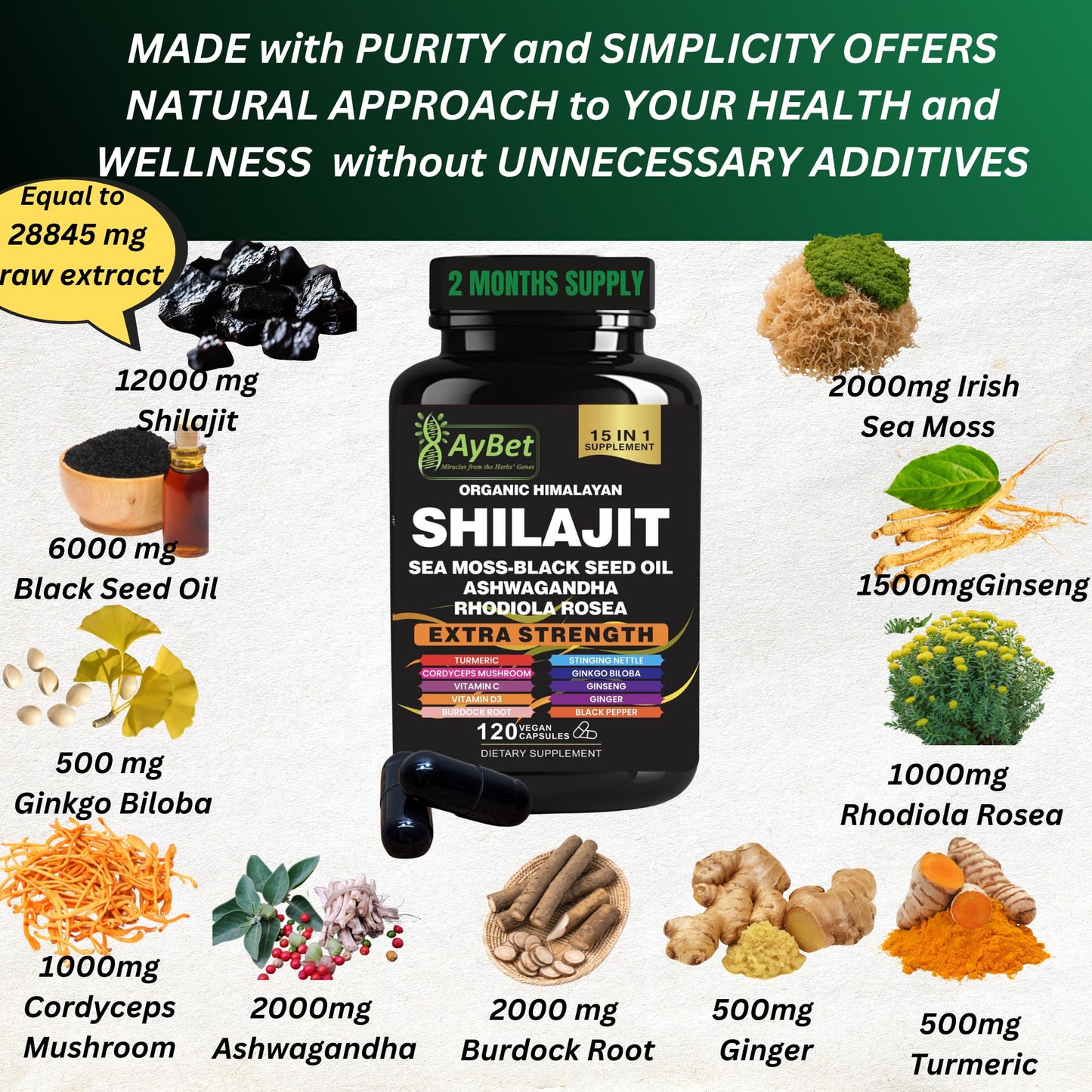 AyBet Shilajit – Organic Himalayan Shilajit Capsules with Sea Moss (120 Caps)