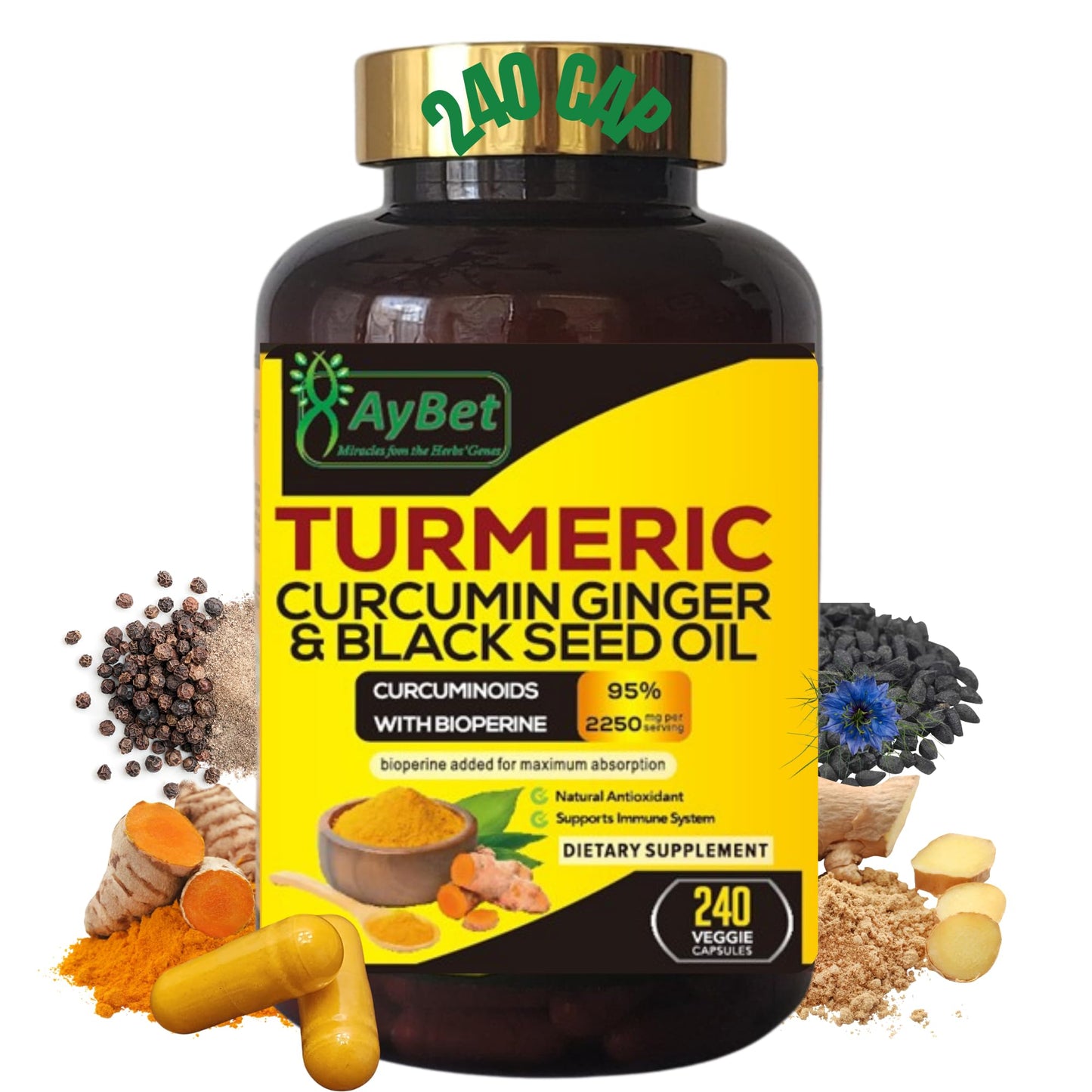 AyBet World 1st Turmeric Curcumin Ginger & Black Seed Oil - 240 Caps, 2250mg, 95% Curcuminoids, BioPerine, Extra Strength