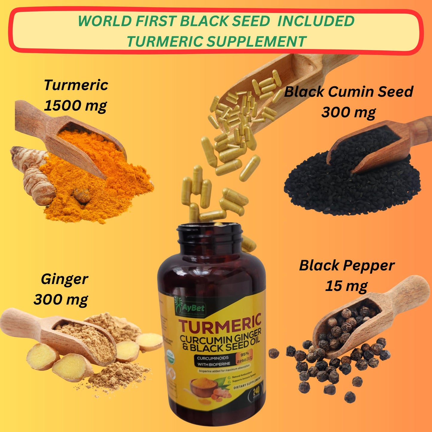AyBet World 1st Turmeric Curcumin Ginger & Black Seed Oil - 240 Caps, 2250mg, 95% Curcuminoids, BioPerine, Extra Strength