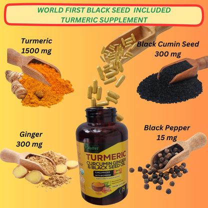 AyBet World 1st Turmeric Curcumin Ginger & Black Seed Oil - 240 Caps, 2250mg, 95% Curcuminoids, BioPerine, Extra Strength