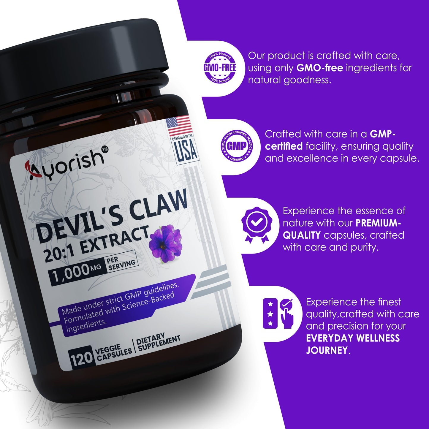 Ayorish Devils Claw 1000mg | 120 Veggie Capsules | Non-GMO