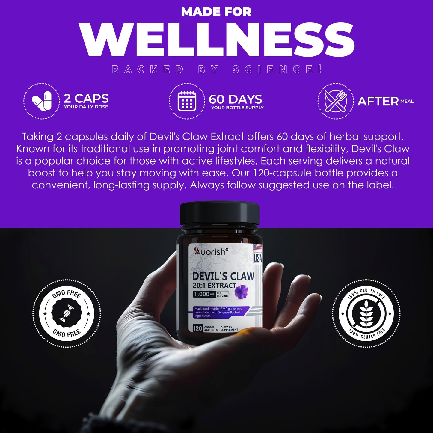 Ayorish Devils Claw 1000mg | 120 Veggie Capsules | Non-GMO