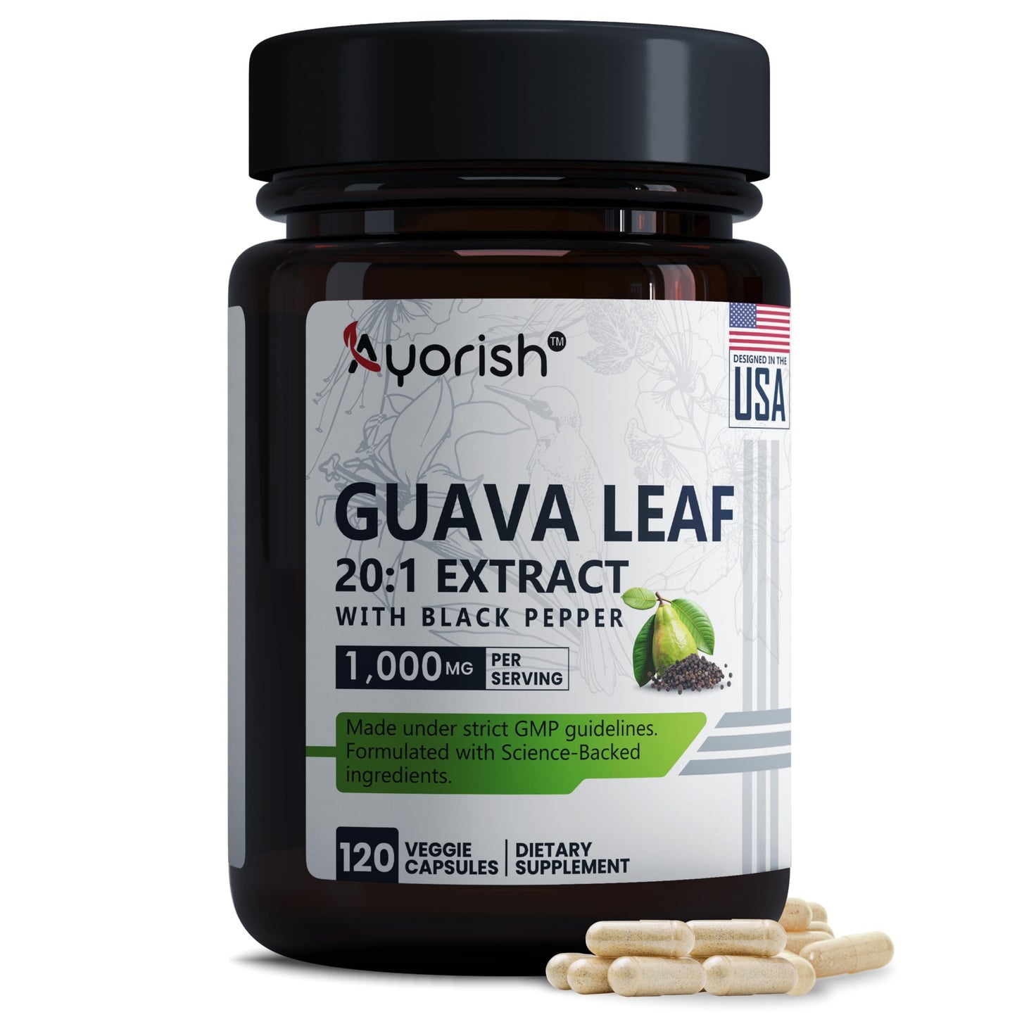 Ayorish Guava Leaf Extract 1000mg (20:1) with Piperine – 120 Veggie Caps (60-Day Supply)