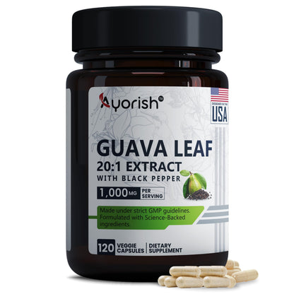 Ayorish Guava Leaf Extract 1000mg (20:1) with Piperine – 120 Veggie Caps (60-Day Supply)