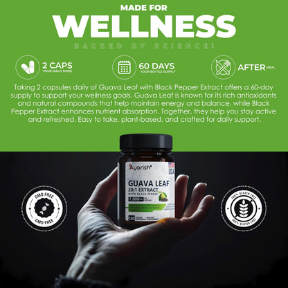 Ayorish Guava Leaf Extract 1000mg (20:1) with Piperine – 120 Veggie Caps (60-Day Supply)