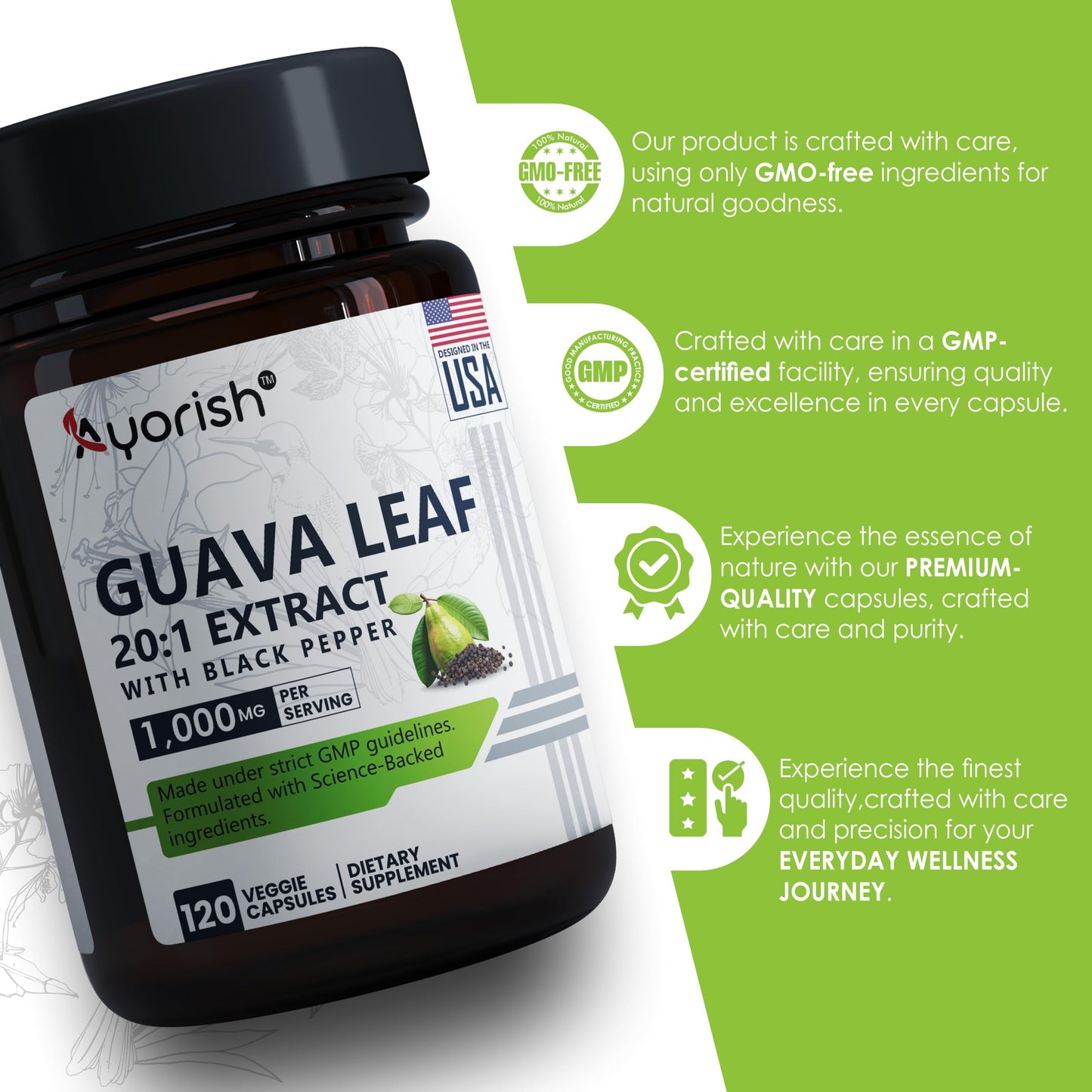 Ayorish Guava Leaf Extract 1000mg (20:1) with Piperine – 120 Veggie Caps (60-Day Supply)