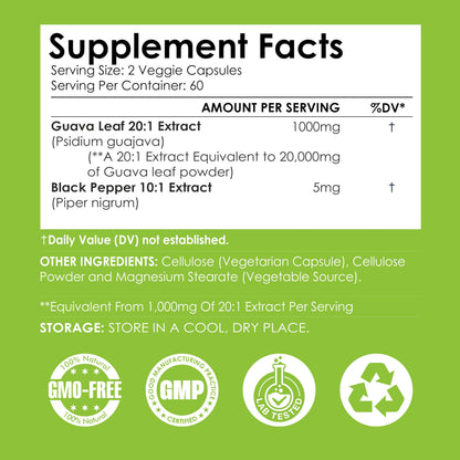 Ayorish Guava Leaf Extract 1000mg (20:1) with Piperine – 120 Veggie Caps (60-Day Supply)