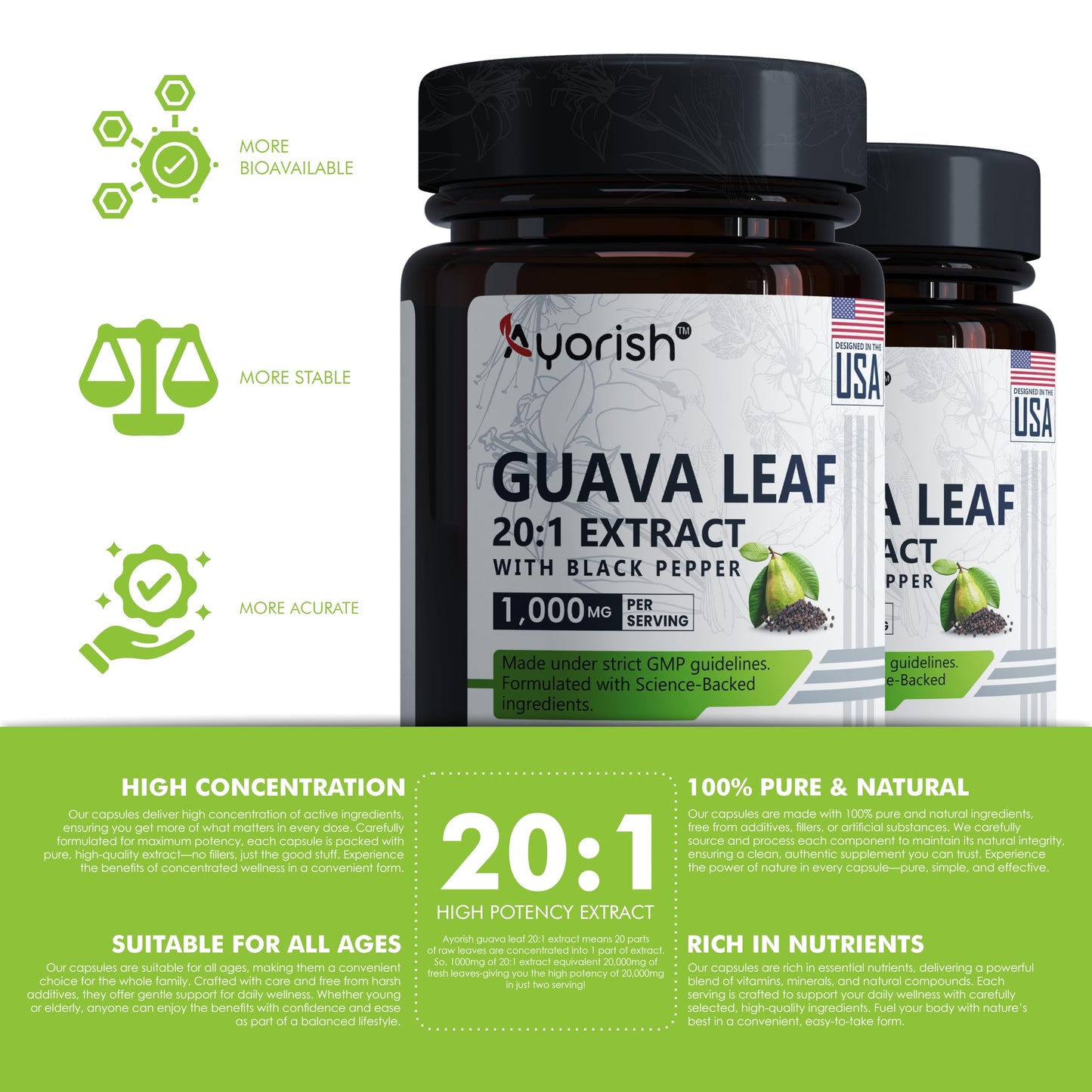 Ayorish Guava Leaf Extract 1000mg (20:1) with Piperine – 120 Veggie Caps (60-Day Supply)
