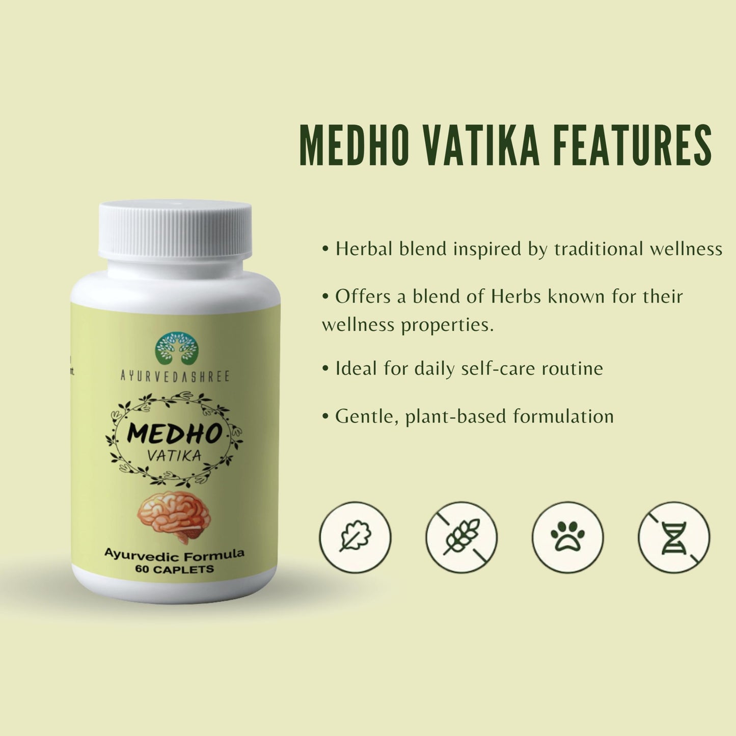 AYUREVDASHREE Medho Vatika 60 Caplets – 1000MG Each, 8-Herb Extract