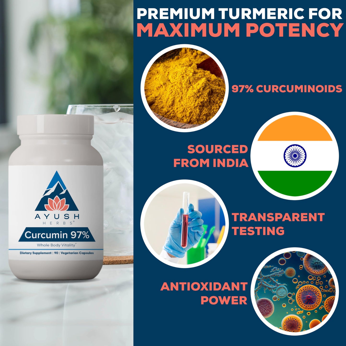 Ayush Herbs Curcumin 97% – Premium Turmeric Curcuminoids, Joint Support, 90 Veg Capsules