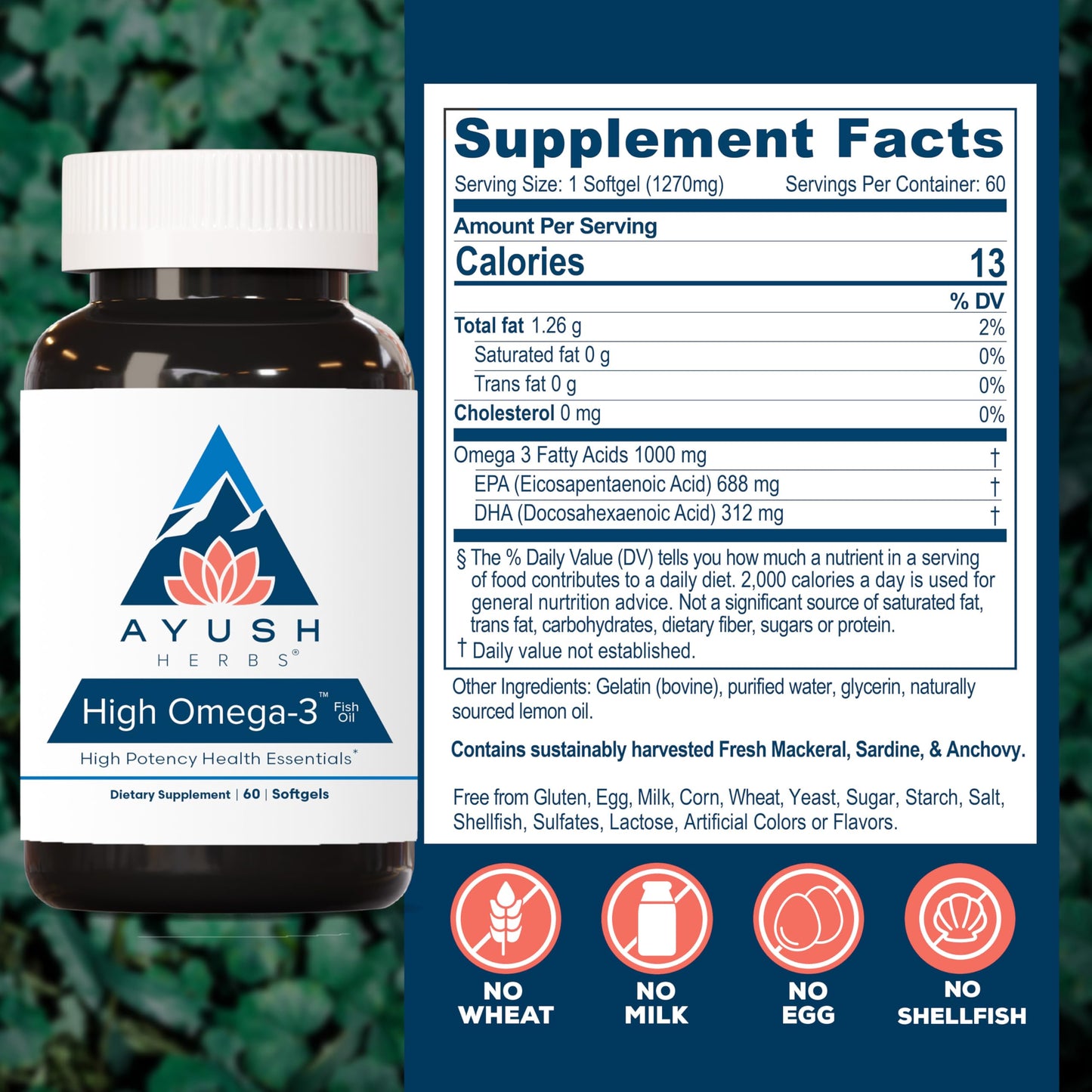 Ayush Herbs High Omega 3 - 1000mg Omega-3 Fish Oil, EPA & DHA | Lemon Flavor, 60 Softgels