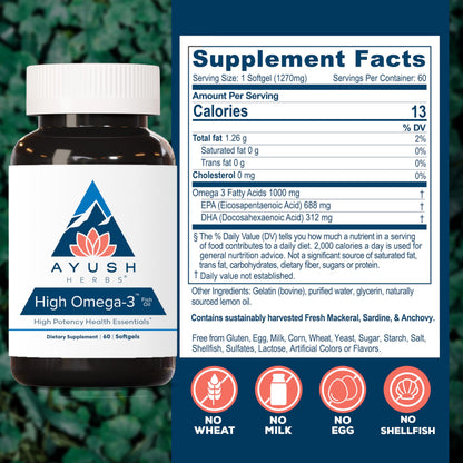 Ayush Herbs High Omega 3 - 1000mg Omega-3 Fish Oil, EPA & DHA | Lemon Flavor, 60 Softgels