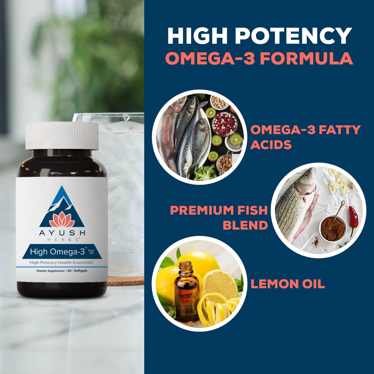Ayush Herbs High Omega 3 - 1000mg Omega-3 Fish Oil, EPA & DHA | Lemon Flavor, 60 Softgels