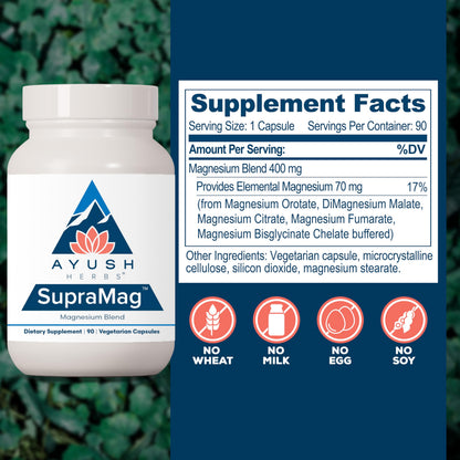 Ayush Herbs SupraMag - 400 mg Magnesium Blend | Chelated Bisglycinate, Citrate & Ororate | 90 Veg Capsules